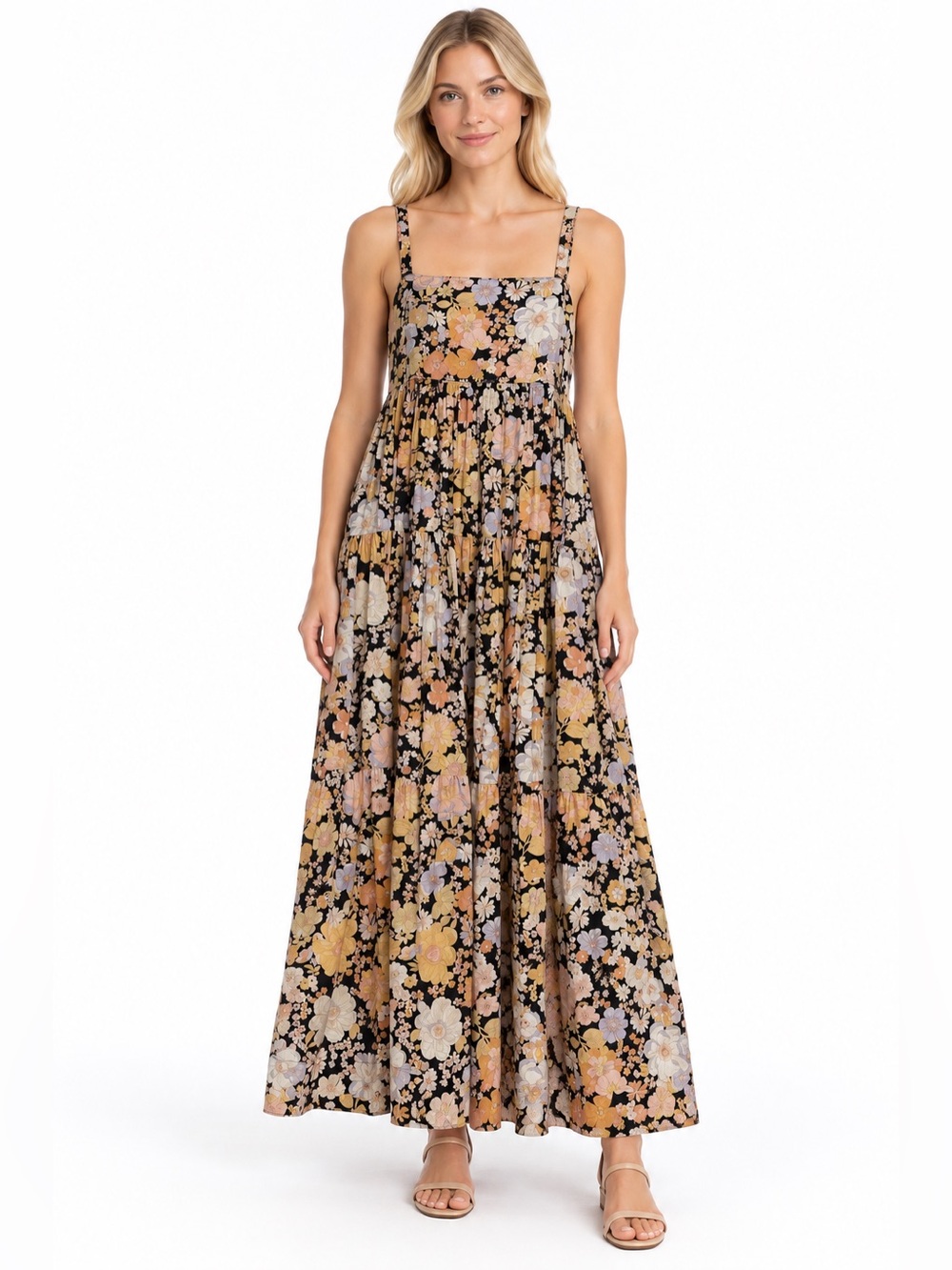 Free People Size Medium Low Back Floral Square-Neck Maxi Dress in Black Floral